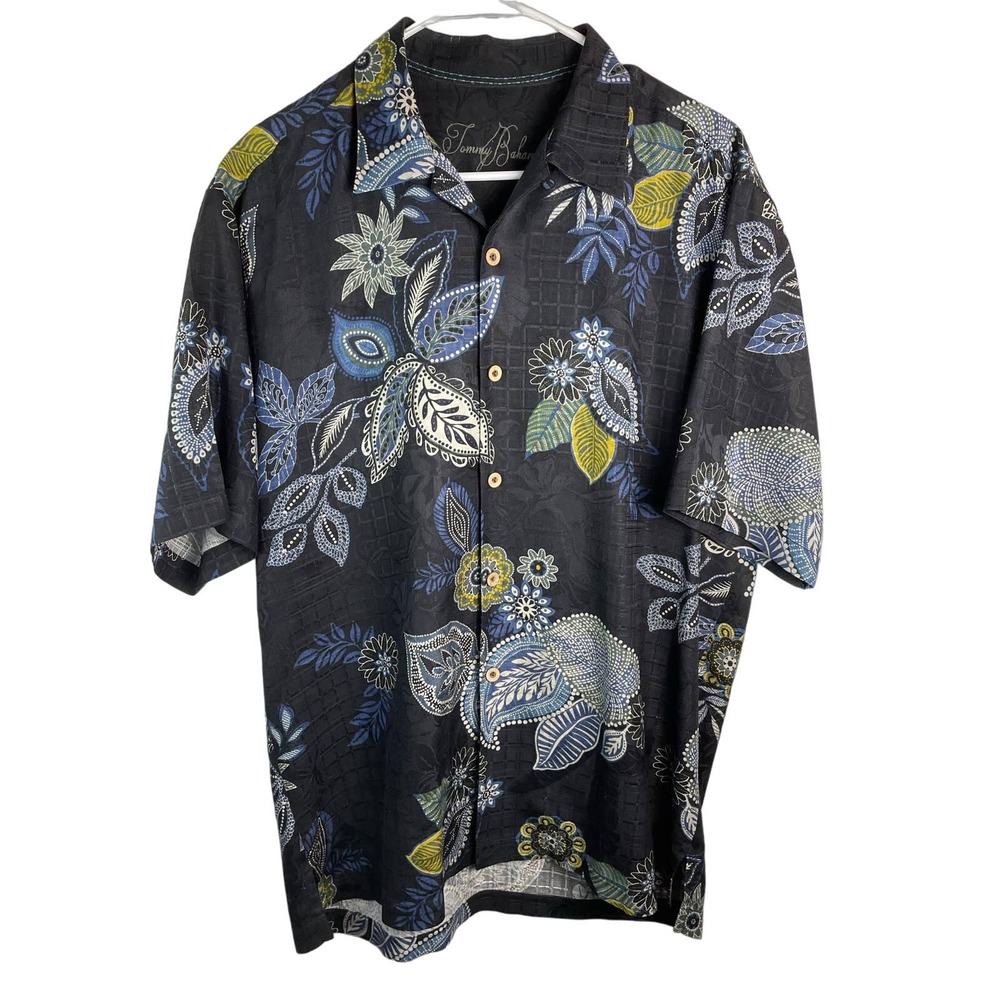 Tommy Bahama Mens Island Silk Button Up Black Floral Short Sleeve Shirt Size M